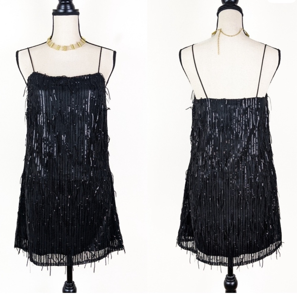 NWT Storia Sequin Fringe Black Mini Dress, Size Small